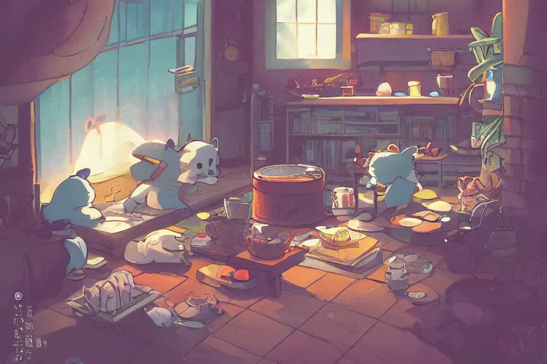 Prompt: color key, Daisuke Tsutsumi, Robert Kondo, cute fluffy badgers washing dishes, underground in a hovel, fish eye lens,kitchen table, comfy chairs, cosy fireplace, clutter everywhere, stack of books on side table, rug on floor by fireplace, family framed on the wall, cosy