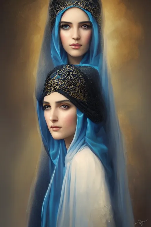 Image similar to arab Ameera al-Taweel, bright blue eyes, long wavy black hair, white veil, closeup, focus face, elegant, highly detailed, centered, oil painting, artstation, concept art by tom bagshaw