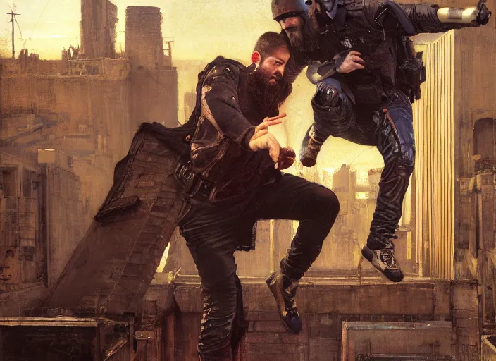 Image similar to Greg evades sgt Nash. Cyberpunk hacker escaping menacing police troopers (blade runner 2049). bearded face. rooftop free running. Iranian orientalist portrait by john william waterhouse and Edwin Longsden Long and Theodore Ralli and Nasreddine Dinet, oil on canvas. Cinematic, hyper realism, realistic proportions, dramatic lighting, high detail 4k