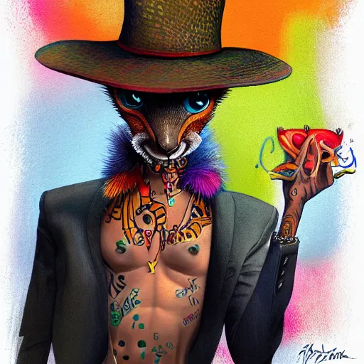 Image similar to a dik dik monster with tattoos wearing a fedora, colorful, digital art, fantasy, magic, trending on artstation, ultra detailed, professional illustration by basil gogos