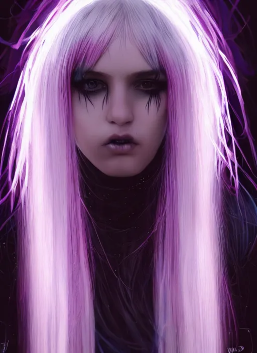 Image similar to hair whitebangs hair, black cyberlox, portrait of teenage girl with white bangs, whitebangsblackhair, messy bangs, cyberlox, whitebangs, red irises, purple clothes, intricate, elegant, glowing lights, highly detailed, digital painting, artstation, concept art, sharp focus, illustration, art by wlop, mars ravelo and greg rutkowski