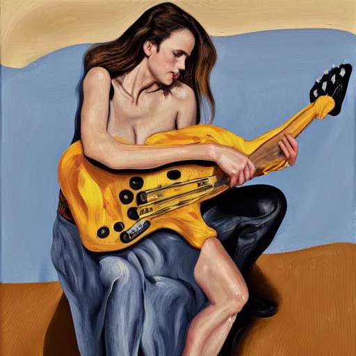 Prompt: Anna Calvi playing electric guitar, oil painting by Lucian Freud