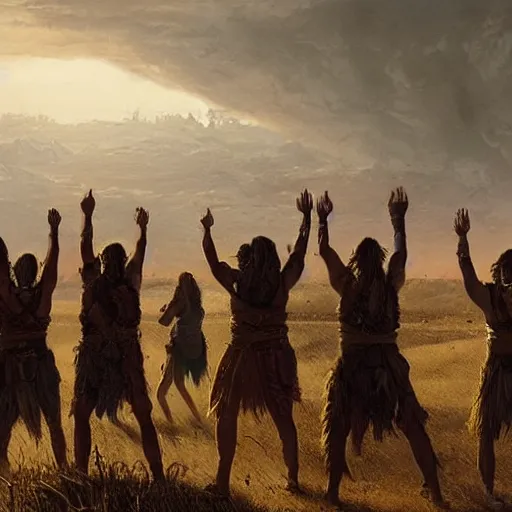 Prompt: tribal worshippers raise their hands as a plane in the distance lands, epic scene, cinematic lighting, photorealistic, historical documentary, by greg rutkowski, by asher duran