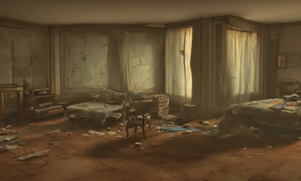 Image similar to artstation scifi scene of a shabby american room in 1 9 7 0 s, shabby room, old tv, tile floor, cabinets, cot, paneled walls, unreal engine 5, hyper realism, realistic shading, cinematic composition, blender render, octane render, hdr, detailed textures, photorealistic, wide shot