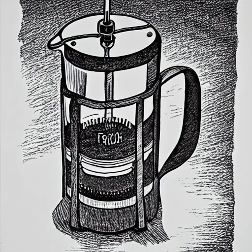 Image similar to coffee french press hand drawn ink on paper, high detail, denoised