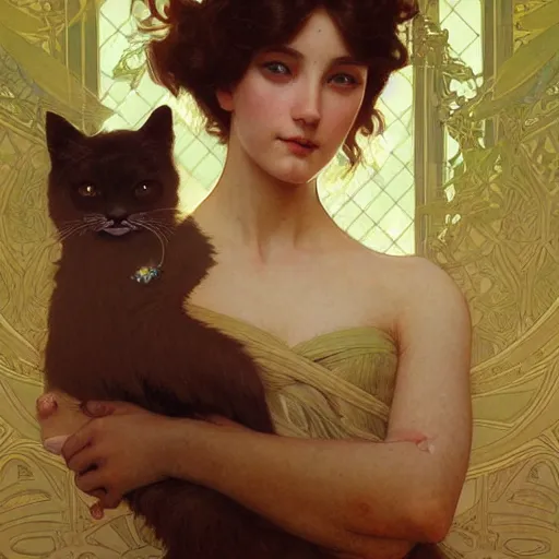 Image similar to portrait of a psych girl with her mad cat, intricate, elegant, highly detailed, digital painting, artstation, concept art, smooth, sharp focus, illustration, art by artgerm and greg rutkowski and alphonse mucha and william - adolphe bouguereau