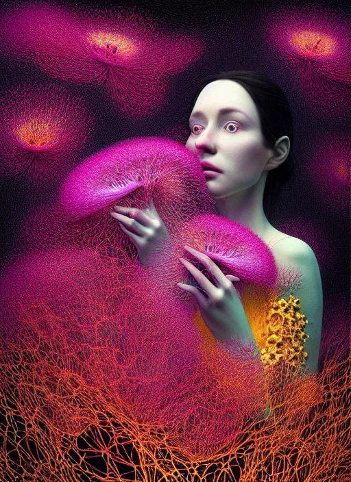 Image similar to hyper detailed 3d render like a painting - Aurora (Singer) seen Eating of the Strangling network of yellowcake aerochrome and milky Fruit and Her delicate Hands hold of gossamer polyp blossoms bring iridescent fungal flowers whose spores black the foolish stars by Jacek Yerka, Mariusz Lewandowski, Houdini algorithmic generative render, Abstract brush strokes, Masterpiece, Edward Hopper and James Gilleard, Zdzislaw Beksinski, Mark Ryden, Wolfgang Lettl, hints of Yayoi Kasuma, octane render, 8k