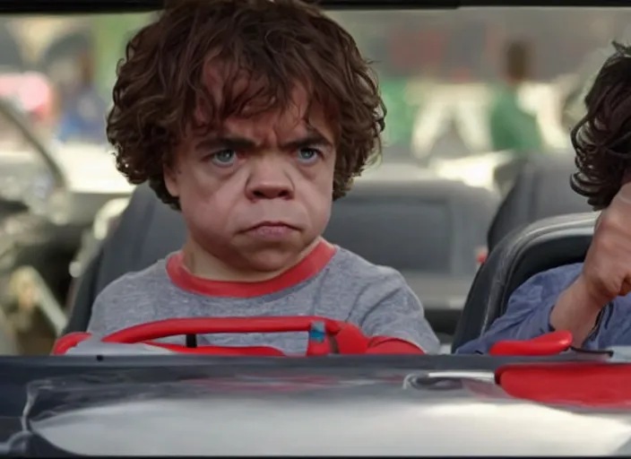 Image similar to peter dinklage racing gary coleman driving a little tikes cars, movie still, from the new fast and furious movie, 8 k, realistic