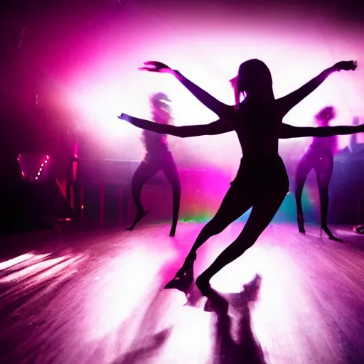 Image similar to dark dancing silhuettes in a dance club, colorful lights, dramatic lighting, a lot of energy, photograph 8 5 mm f 1. 4