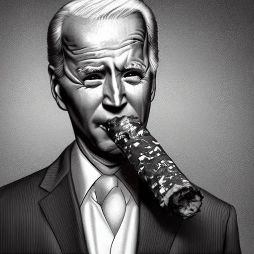 Image similar to joe biden smoking a giant rolled joint, smoke, amazing detail, realistic digital art, artstation