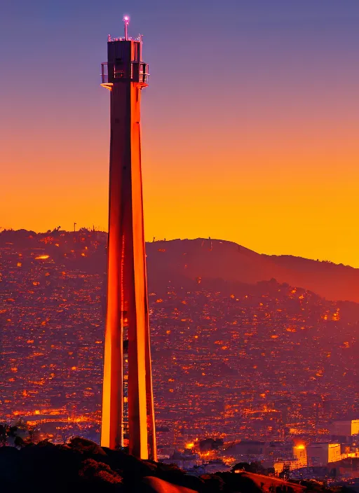 Image similar to sutro tower in san francisco, sunset, radio antenna, twin peaks, photorealistic, 8 k