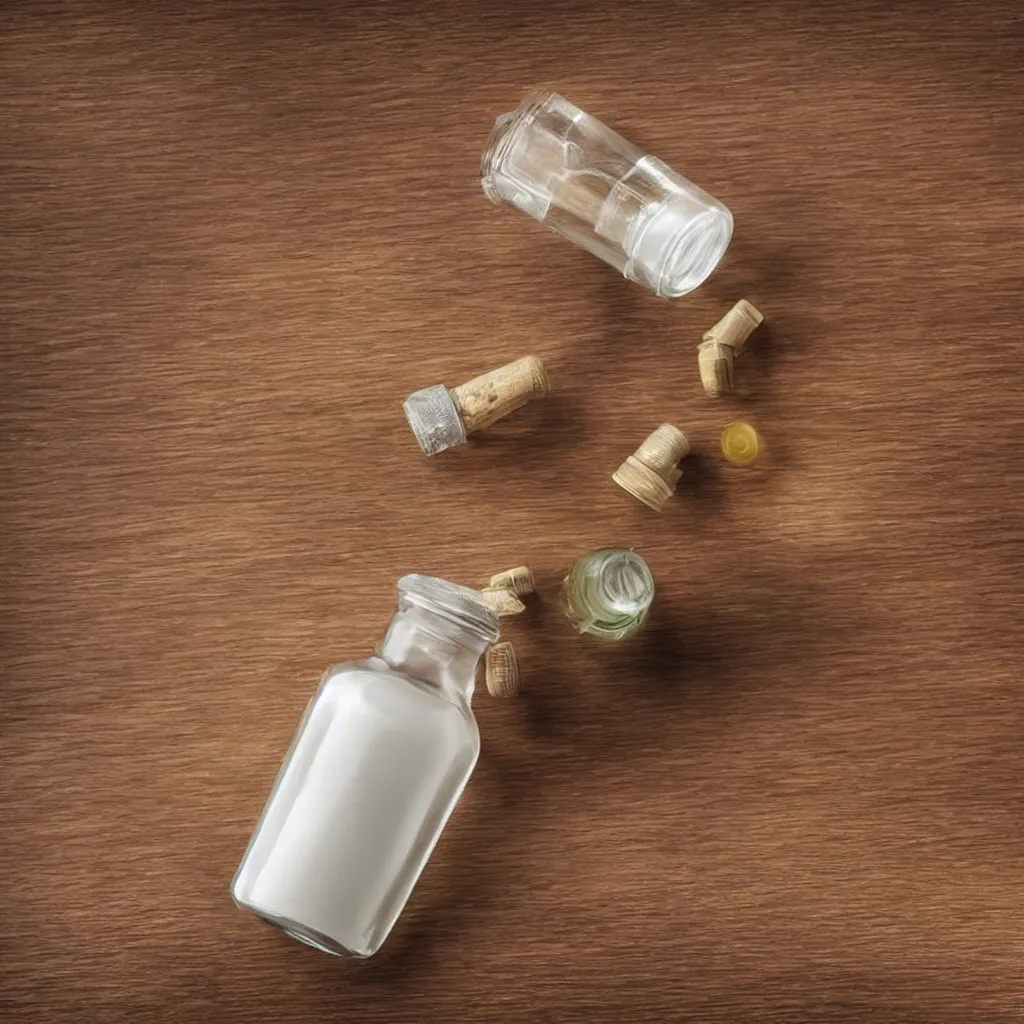 Prompt: 30-degree view of a medicine bottle on top of a wooden table, 8k, high detail, photorealistic, proper shading