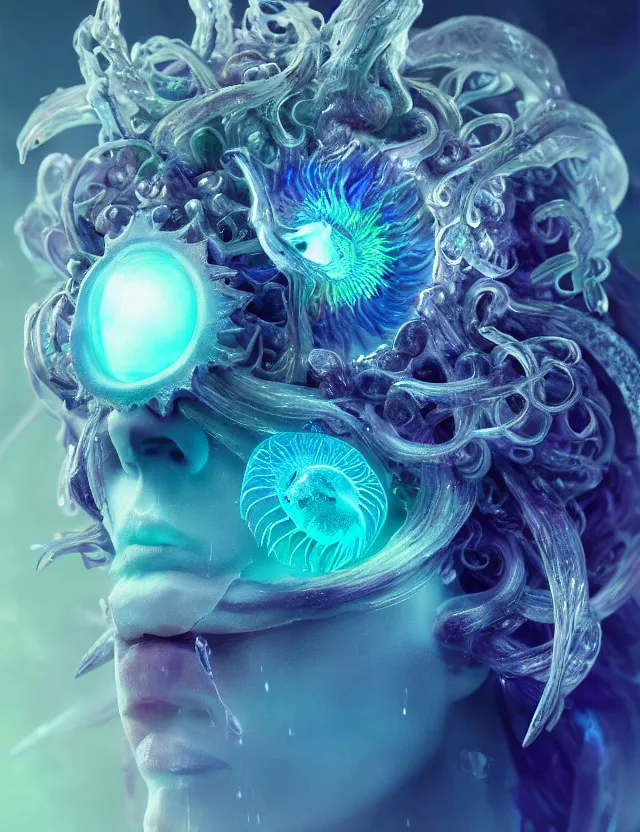 Image similar to goddess macro close - up portrait wigh crown made of ram skull. betta fish, jellyfish phoenix, bioluminiscent, plasma, ice, water, wind, creature, super intricate ornaments artwork by tooth wu and wlop and beeple and greg rutkowski