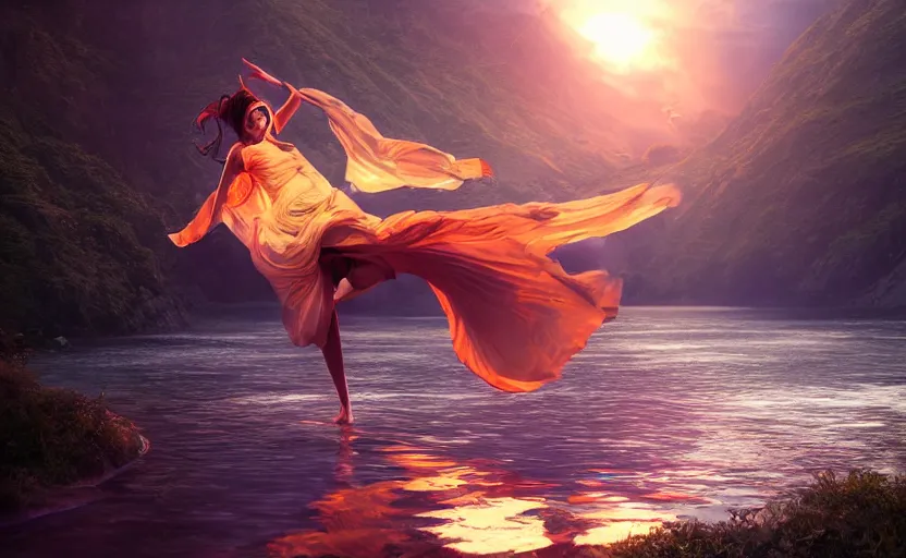 Image similar to Himalayan priestess dancing on water, beautiful flowing fabric, sunset, dramatic angle, 8k hdr pixiv dslr photo by Makoto Shinkai and Wojtek Fus