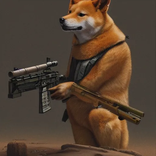 Prompt: anthropomorphic shiba inu, holding sniper riffle, science fiction, cementary, scifi, 3 d render, masterpiece, red aura, by donato giancola and greg rutkowski and wayne barlow and zdzisław beksinski, realistic face