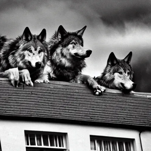 Image similar to wolf monsters sitting on the roof of a house in britain watching a pair of children walk down the road