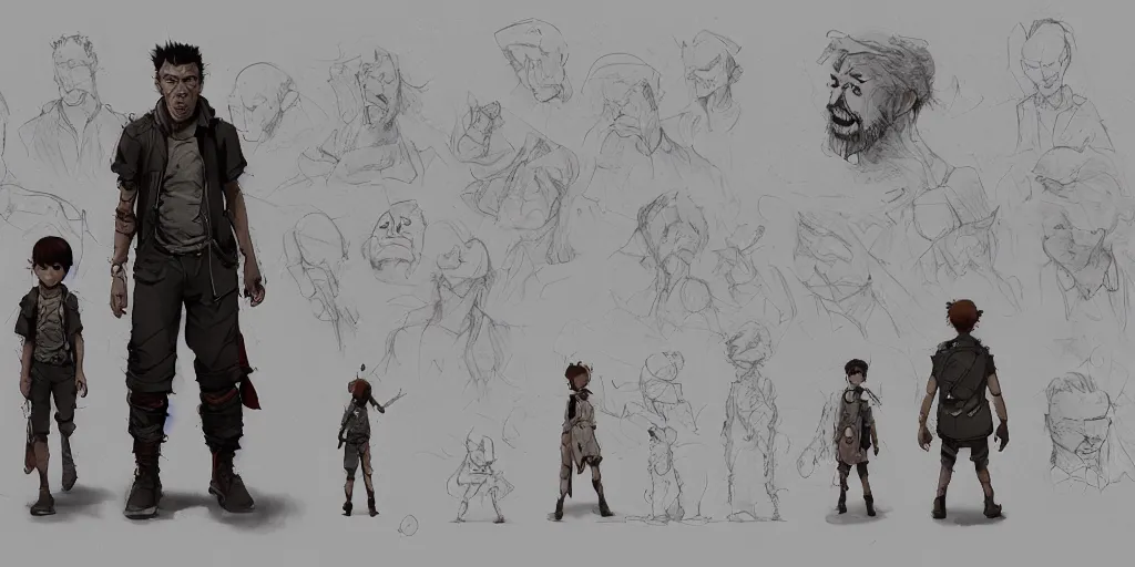 Image similar to lost boy, character sheet, concept design, contrast, kim jung gi, greg rutkowski, zabrocki, karlkka, jayison devadas, trending on artstation, 8 k, ultra wide angle, pincushion lens effect