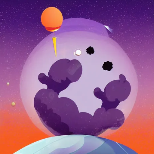 Image similar to cartoon illustration of a bear mascot being launched from a futuristic marble planet, purple and orange cloudland