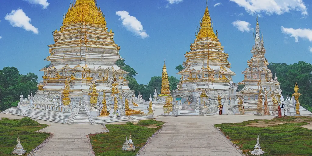 Image similar to sri lankan temple with white stupa, drawn by hayao miyazaki