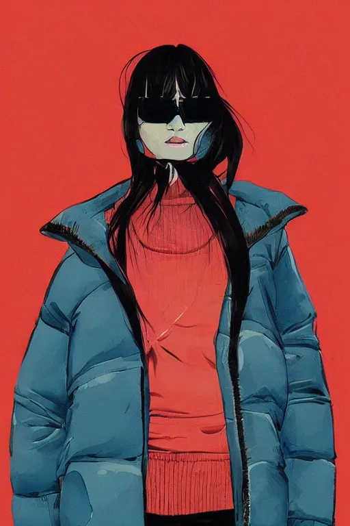 Image similar to a ultradetailed beautiful painting of a stylish woman wearing a puffer jacket, by conrad roset, greg rutkowsk and ilya kuvshinov trending on artstation