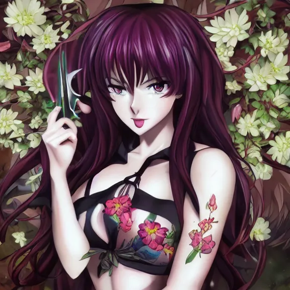 Image similar to christina rene hendricks as ahighschool dxd character, body covered in floral tattoos, d & d, fantasy, highly detailed, digital art, trending on artstation, smooth, sharp focus, illustration, art by peter tang and artgem