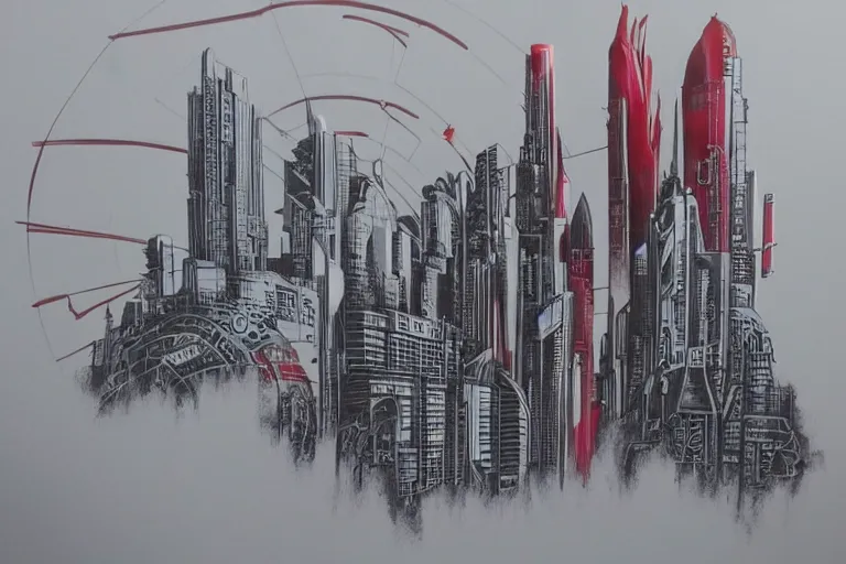 Image similar to futuristic, cyberpunk, martian architecture, minimalistic ink and red airbrush painting on white background, black outline