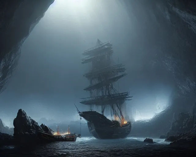 Image similar to A singular big galleon ship, three masts, front and center, in a cave. Underexposed, dark, centered. Atmospheric matte painting by Darek Zabrocki and Emmanuel Shiu, 4k ultra detailed