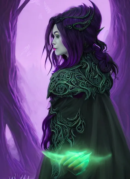 Image similar to side portrait dark witch, adventurer outfit large cloak, fantasy forest landscape, dragon scales, fantasy magic, undercut hairstyle, short purple black fade hair!!!!!!, dark light night, intricate, elegant, sharp focus, illustration, highly detailed!!!!!!!, digital painting, concept art, green neon smoke, matte painting, art by WLOP and Artgerm and Greg Rutkowski and Alphonse Mucha, masterpiece