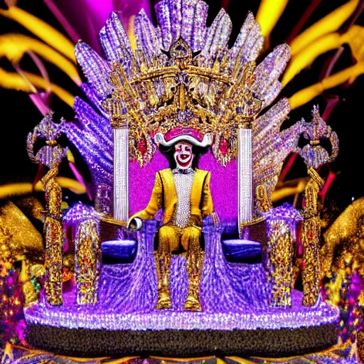 Image similar to shining majestic throne made of millions of diamonds, gold and zaphires with thousands of light reflections, and a clown is sitting on the throne