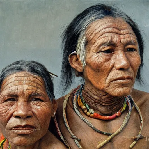 Prompt: high quality high detail painting by lucian freud, hd, portrait of a indigenous tribe couple, photorealistic lighting