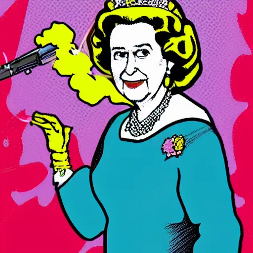 Image similar to pop-art of Queen Elizabeth firing a bazuka