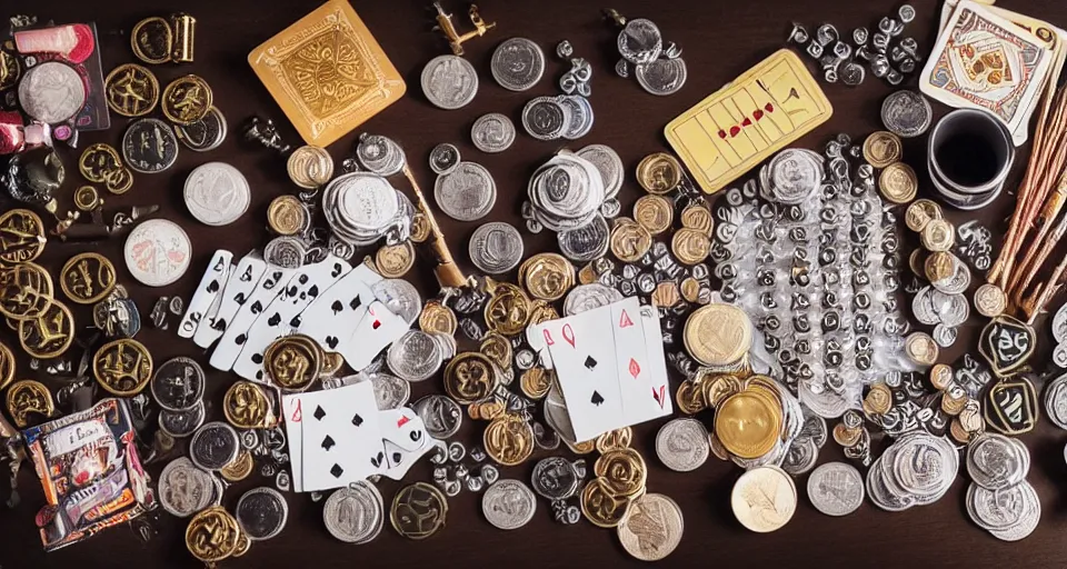 Prompt: a knolling of magicians props, wands, linking rings, playing cards, coins, cups and balls, overhead view, flatlay