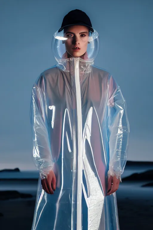 Image similar to an ultra high definition professional high fashion portrait studio full length photograph of a model wearing a transparent pearlescent raincoat and neon visor in an icelandic black rock environment at dawn. no artefacts. extremely detailed. stark. refraction. shallow depth of field. volumetric light and shadow. ray tracing. light rays.