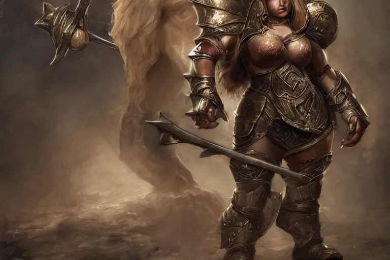 Prompt: robust and mighty female dwarf warrior | short stature | wide body | iron chestplate | Aleksi Briclot |
