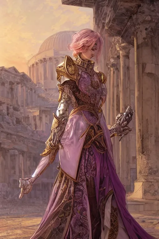 Image similar to portrait knights of Zodiac girl, metalic pink and pale violet reflected armor, in ruined Agora of Athens sunrise, ssci-fi, fantasy, intricate, very very beautiful, elegant, golden light, highly detailed, digital painting, artstation, concept art, smooth, sharp focus, illustration, art by tian zi and WLOP and alphonse mucha