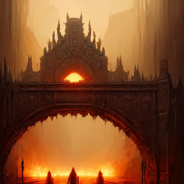 Image similar to huge gate, environment, illustration, fire, smoky, colors, epic scene, fantasy art by greg rutkowski, symmetrical, golden raito, high quality, intricate details, details, intricate, atmosphere, highly detailed, matte painting, cinematic, deviantart, realistic, concept art, 4 k