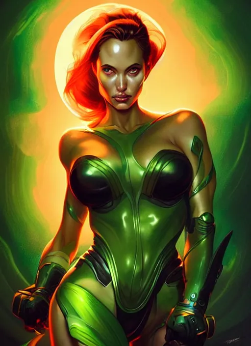 Prompt: style artgerm, joshua middleton, illustration, angelina jolie as paladin, strong, muscular, muscles, orange and green tones, swirling green flames cosmos, fantasy, cinematic lighting, collectible card art