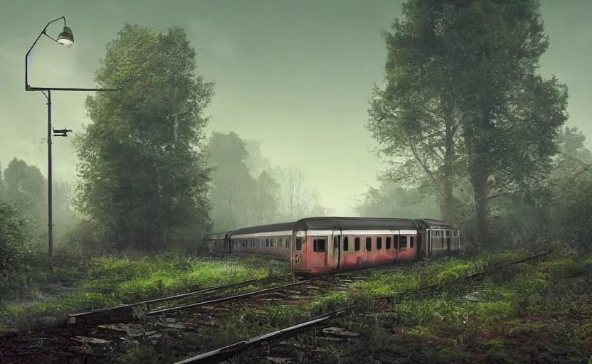 Image similar to An abandoned train station by Simon Stalenhag, hyperrealism art, cinematic lighting, overgrown swedish urban landscape, 8k resolution, trending on artstation