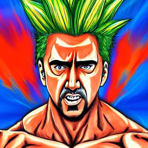 Image similar to nic cage as goku, buff, painted portrait, highly detailed,