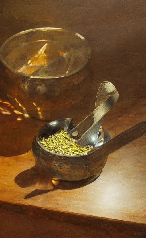 Image similar to bronze mortar and pestle, dried herbs and scissors on wooden table in the ray of sunshine, oil painting, sharp focus, high detailed, calm, warm lighting, sparkles, digital art, concept art, by Rutkowsky, baroque