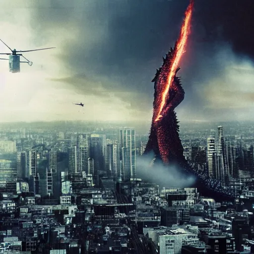 Prompt: Godzilla in a a futuristic city with skyscrapers with helicopters are flying in the sky, smoke and debris, high detail, overhead view, Deep depth of film, professional photograph