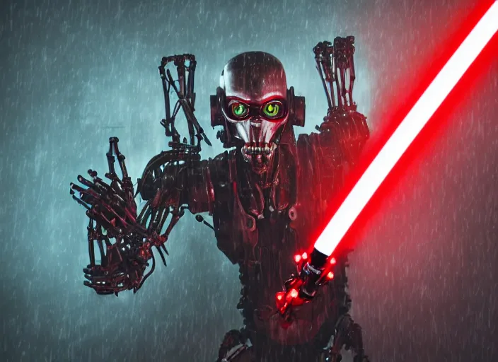 Prompt: portrait photo of general grievous with heavy duty biomechanical cybernetic body with 4 arms holding 4 activated red lightsabers in the rain. cyberpunk horror style.