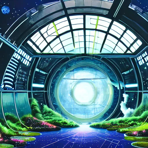 Image similar to a cinematic view of an orbital space habitat, large indoor greenhouse with exotic plants, retrofuturism, sci - fi art, oil on canvas, nebula waterfalls, hard sufaces, details, hyper - detailed, hd, hdr, 4 k, 8 k