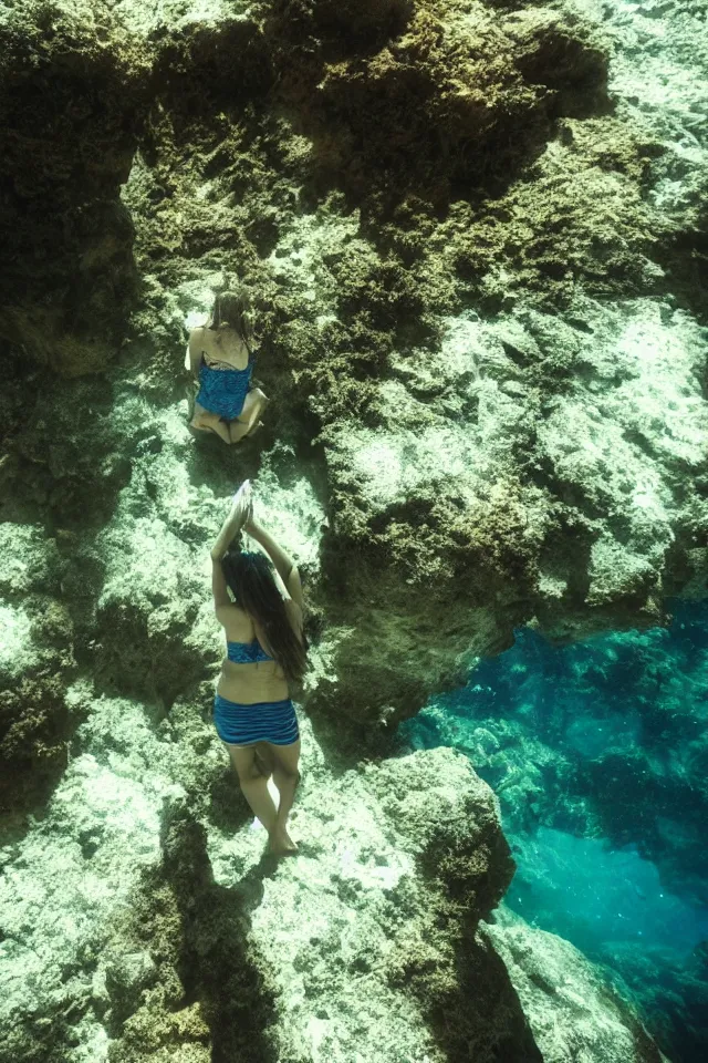 Prompt: underwater looking up, one woman sitting alone on a large rock in a deep trench , looking toward the sun rays and caustics, film , cinematic, underwater photography, low angle view, wide lens