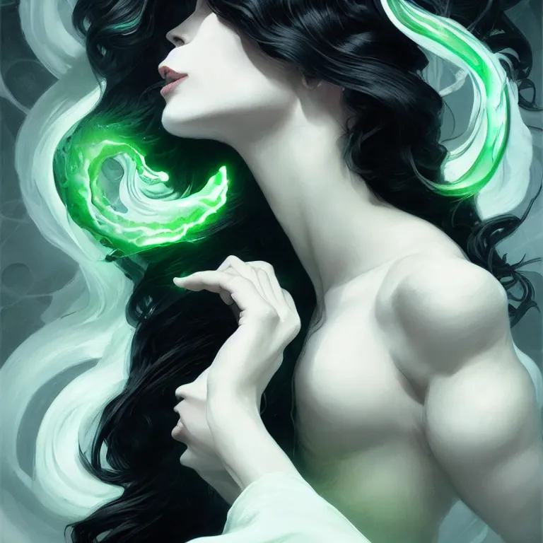 Image similar to Envy is a hue created with swirls of white gouache, mysterious black, and a daub of cold green, intricate, highly detailed, digital painting, artstation, concept art, smooth, sharp focus, illustration, Unreal Engine 5, 8K, art by artgerm and greg rutkowski and alphonse mucha