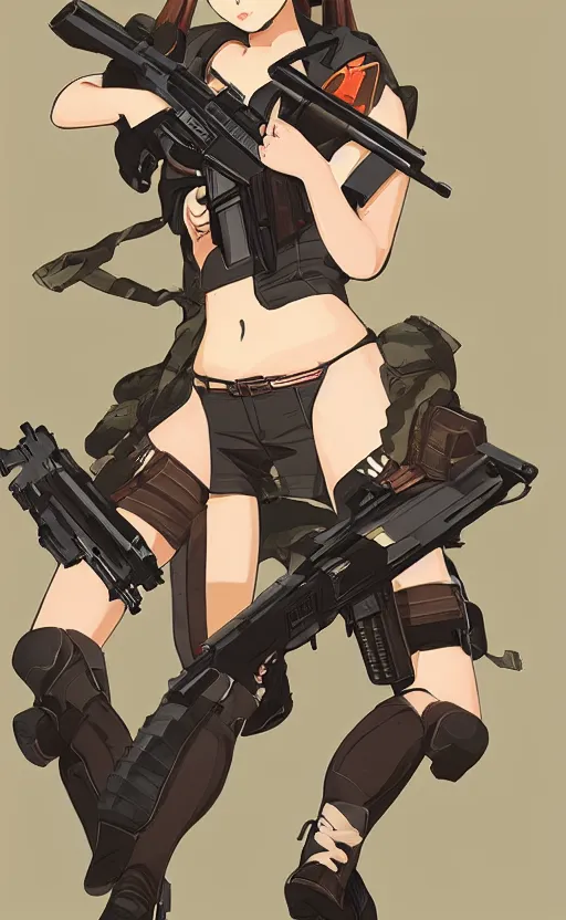 Prompt: girl, trading card art, gun, girls frontline game, matte, 150mm, illustration, artstation, by akio watanabe