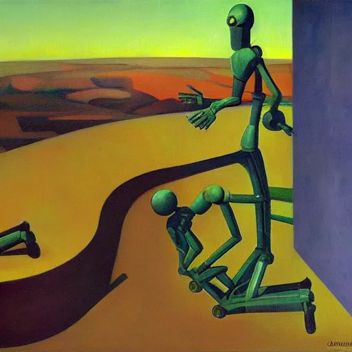 Prompt: prostrate robots, behemoth alien shaman god, grant wood, pj crook, edward hopper, oil on canvas