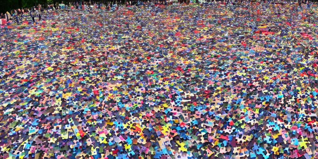 Image similar to a giant jigsaw puzzle being put together by a crowd of tiny people