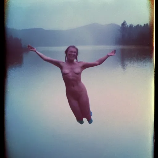 Image similar to semi translucent smiling @frog@ floating over misty lake in Jesus Christ pose, polaroid photography by Andrei Tarkovsky, paranormal, spiritual, mystical