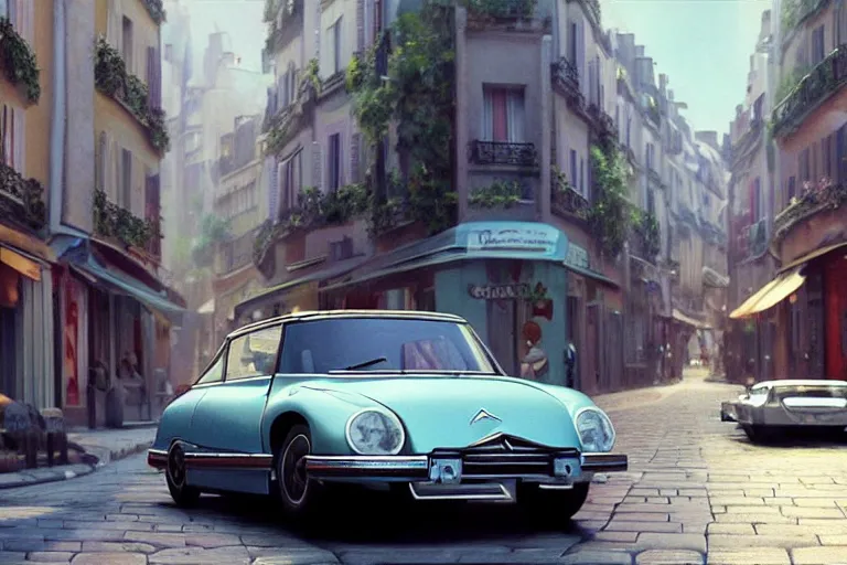 Image similar to a wholesome beautiful animation key shot of!! one!! focused!! 1 9 7 4 citroen ds!! in a paris street, medium wide shot, studio ghibli, ( pixar ) and disney animation, sharp, very detailed, high resolution, rendered in unreal engine 5, anime key art by greg rutkowski, bloom, dramatic lighting